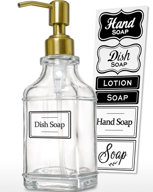 JASAI Antique Square Glass Soap Dispenser with Golden Rust Proof Pump, Refillable soap Dispenser with 10Pcs Stickers for Kitchen, Dish Soap Dispenser for Kitchen Bathroom Soap, Hand soap, Lotion. by JASAIHOME