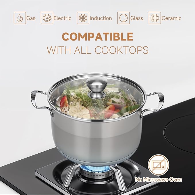 Ohtomber 8 Quart Stock Pot - Stainless Steel Large Cooking Induction Pot with Lid for Pasta, Soup, Spaghetti, Nonstick Thick Base Deep Stockpot, Kitchen Cookware for Stew, Simmer, Boiling, Canning - Image 5