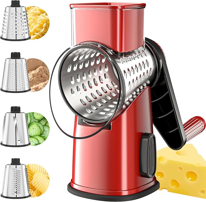 VEKAYA Rotary Cheese Grater Hand Crank with 4 Interchangeable Stainless Steel Blades, Large Manual Handle Shredder and Waffle Slicer for Vegetables, Cheese and Nuts with Table Suction Base (Red)