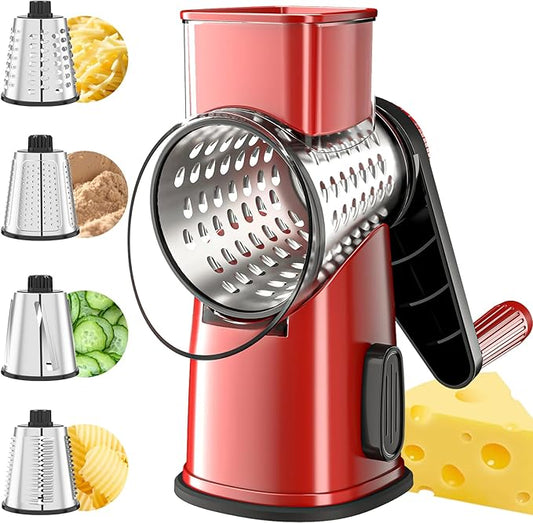 VEKAYA Rotary Cheese Grater Hand Crank with 4 Interchangeable Stainless Steel Blades, Large Manual Handle Shredder and Waffle Slicer for Vegetables, Cheese and Nuts with Table Suction Base (Red)