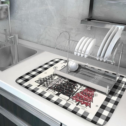 Merry Christmas Tree Dish Drying Mat for Kitchen Counter 18x24 Inch Black Red Grey Xmas Plaid Print Absorbent Reversible Microfiber Drying Mats Kitchen Countertop Protector Dishes Drainer Rack Pad - Image 5