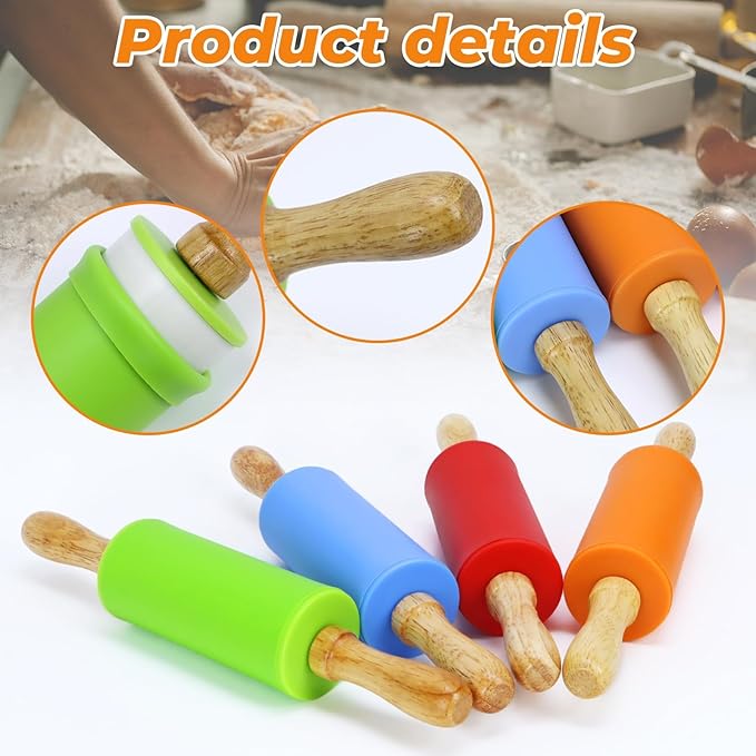 4 Pack Mini Rolling Pin for Kids, 9 Inch Wooden Handle Rolling Pin Non-Stick Silicone Rolling Pins for Children Cake Baking - Image 3