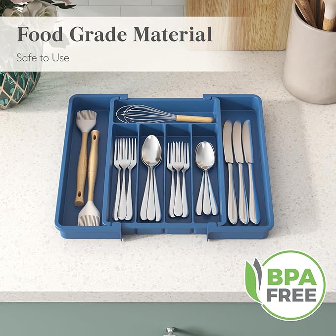 Lifewit Silverware Drawer Organizer, Expandable Utensil Tray for Kitchen, BPA Free Flatware and Cutlery Holder, Adjustable Plastic Storage for Spoons Forks Knives, 8.5"-14.1" x 12.1", Dark Blue - Image 6