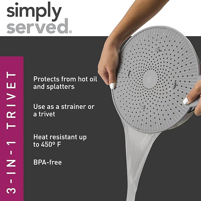 Silicone Splatter Screen, Multi-Use Kitchen Tool, Protect Stovetop and Counters, 3-in-1 Silicone Kitchen Trivet, Splatter Screen, and Colander Lid, Gray - Image 7