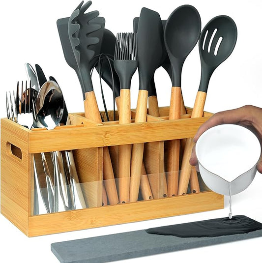 Kitchen Utensil Holder for Counter Extra Large Bamboo Wooden Utensil Organizer with 6 Compartments Cooking Utensil Holder Storage for Silverware Spoons Farmhouse Kitchen Decor (Absorbing Drying Stone)