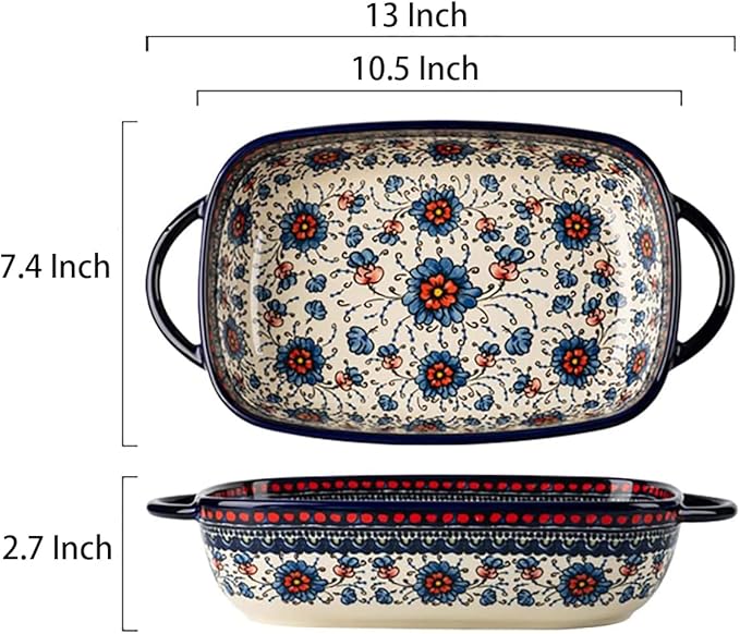 Vintage Style Pottery Bakeware Ceramic Casserole Dish Baking Pan Lasagna Pans Baking Dish with Handles for Oven/Cooking/Kitchen-1 PCS, Large Capacity, 60 OZ - Image 2