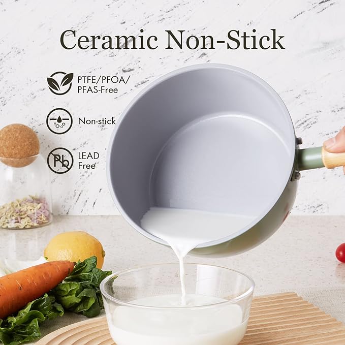 ROCKURWOK Ceramic Nonstick Sauce Pan, 3 QT Pot with Steamer, Non Toxic & PFAS-Free, Wooden Handle for Cool Touch, Universal Base(Gas, Electric & Induction), Green - Image 2