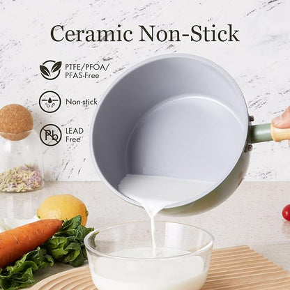 ROCKURWOK Ceramic Nonstick Sauce Pan, 3 QT Pot with Steamer, Non Toxic & PFAS-Free, Wooden Handle for Cool Touch, Universal Base(Gas, Electric & Induction), Green - Image 2