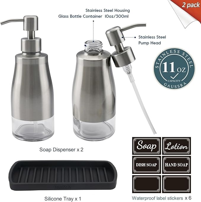 Gaussra Kitchen Soap Dispenser Set with Silicone Tray and Stickers - Brushed Nickel, Stainless Steel Glass Soap Dispenser Bathroom, Refillable Hand Dish Dispenser for Kitchen Sink - Image 2