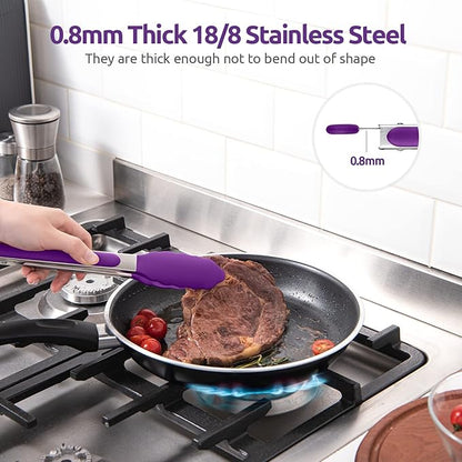 600ºF Heat Resistant Kitchen Tongs: U-Taste 9 inch Silicone Cooking Tong with Firm Sealed Non Stick Rubber Tips & Silicon Coated 18/8 Stainless Steel Handle & Smooth Locking for Serving Grill (Purple) - Image 5