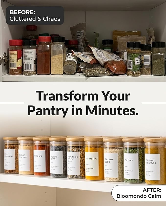 Bloomondo Empty Spice Jars with Label Pack (12x Bamboo Lid Glass Jar). Small 6oz Spice Storage Bottles with 112 Printed Stickers and 48 Writable Pantry Labels for Seasoning Containers - Image 3