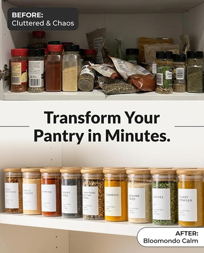 Bloomondo Empty Spice Jars with Label Pack (12x Bamboo Lid Glass Jar). Small 6oz Spice Storage Bottles with 112 Printed Stickers and 48 Writable Pantry Labels for Seasoning Containers - Image 3