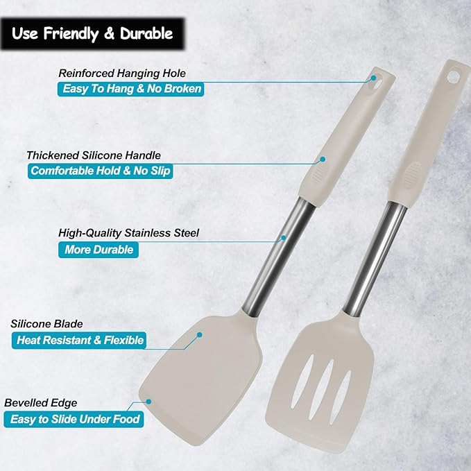 Silicone Spatula and Cooking Spoon,5 Pack Non-Stick Cooking Utensils for Kitchen，Heat Resistant Solid & Slotted Spoons and Spatulas, Stainless Steel Handle Coated with Silicone, Khaki - Image 3