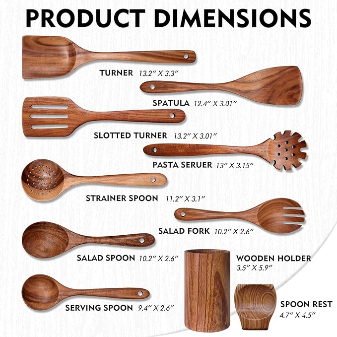 Wooden Spoons for Cooking 10 Pieces Set, Kitchen Utensils Spatula, Wooden Cooking Utensils Spoons, with Spoon Rest, Strainer Spoon, Pasta server, Fried Spatula and Salad Fork, Utensil Holder - Image 3
