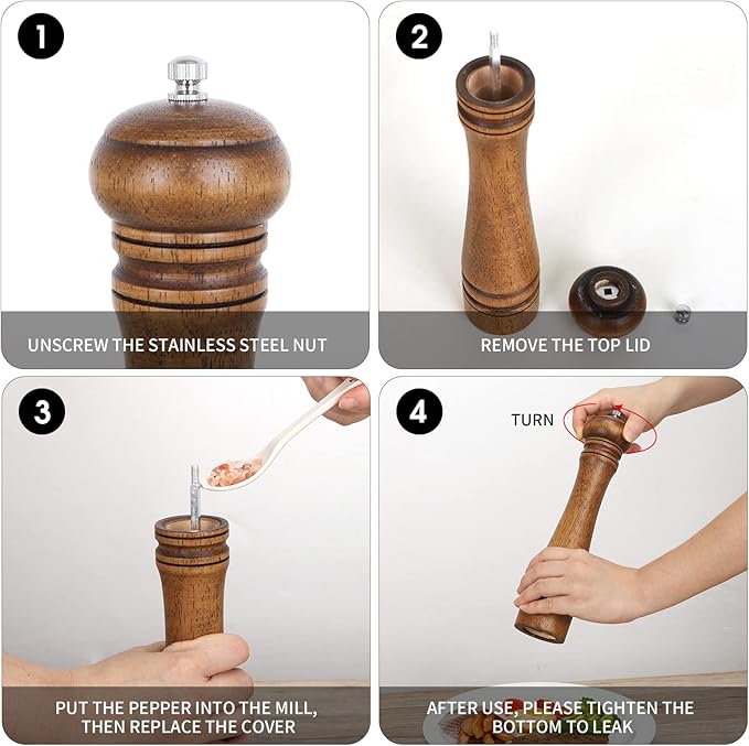 1Pack Wood Pepper Grinder, XWXO 10 Inch Salt Mill Pepper Shaker, Pepper Mill with Adjustable Ceramic Rotor - Oak Wood Pepper Grinder for Your Kitchen - Image 5