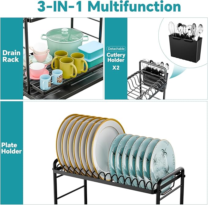 Simple Trending Dish Drying Rack, 2-Tier Dish Rack for Kitchen Counter, Large Dish Drainers Sink Organizers and Storage, Black - Image 4