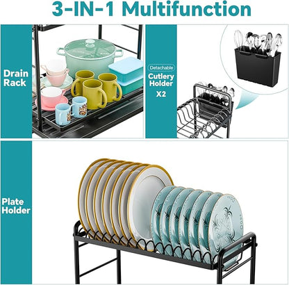 Simple Trending Dish Drying Rack, 2-Tier Dish Rack for Kitchen Counter, Large Dish Drainers Sink Organizers and Storage, Black - Image 4