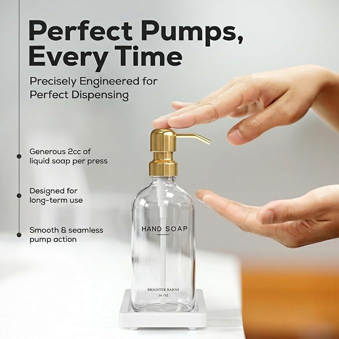 Luxury Glass Hand and Dish Soap Dispenser Set by Brighter Barns - Gold Kitchen Soap Dispenser Set with Stainless Steel Pumps and Ceramic Tray - Modern Kitchen Decor for Home, Airbnb, Gift (Clear/Gold) - Image 4