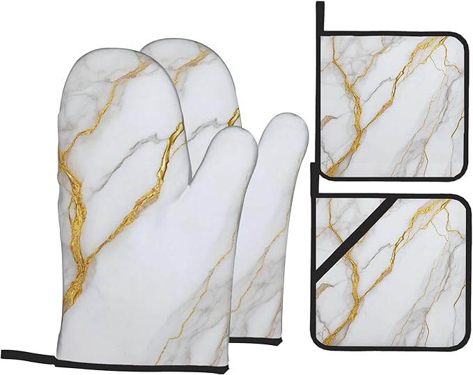 White Gold Marble Oven Mitts and Heat Resistant Pads - Heat Resistant Gloves Potholder Set of 4 for Cooking, BBQ, Gifts for Women