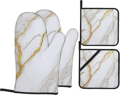 White Gold Marble Oven Mitts and Heat Resistant Pads - Heat Resistant Gloves Potholder Set of 4 for Cooking, BBQ, Gifts for Women
