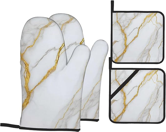 White Gold Marble Oven Mitts and Heat Resistant Pads - Heat Resistant Gloves Potholder Set of 4 for Cooking, BBQ, Gifts for Women