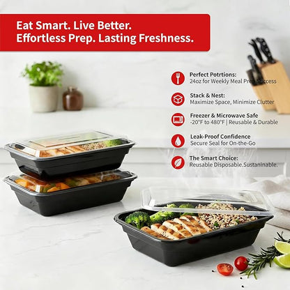 60 Pack 24 oz Meal Prep Containers Reusable, Plastic Food Storage Container with Lids,Leakproof To Go Lunch Boxes, BPA-Free,Freezer, Microwave, Dishwasher Safe Take Out Containers