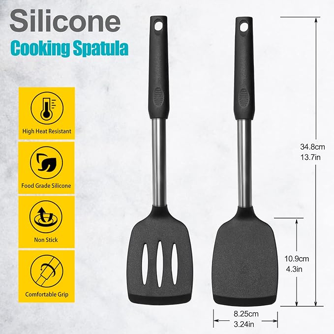 2 Pack Spatulas, Solid & Slotted Silicone Spatula Set, Stainless Steel Handle Coated with Silicone, Non Stick Turners, Heat Resistant Rubber Spatulas for Fish, Eggs, Pancakes, WOK, Black - Image 2