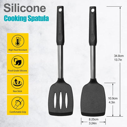 2 Pack Spatulas, Solid & Slotted Silicone Spatula Set, Stainless Steel Handle Coated with Silicone, Non Stick Turners, Heat Resistant Rubber Spatulas for Fish, Eggs, Pancakes, WOK, Black - Image 2