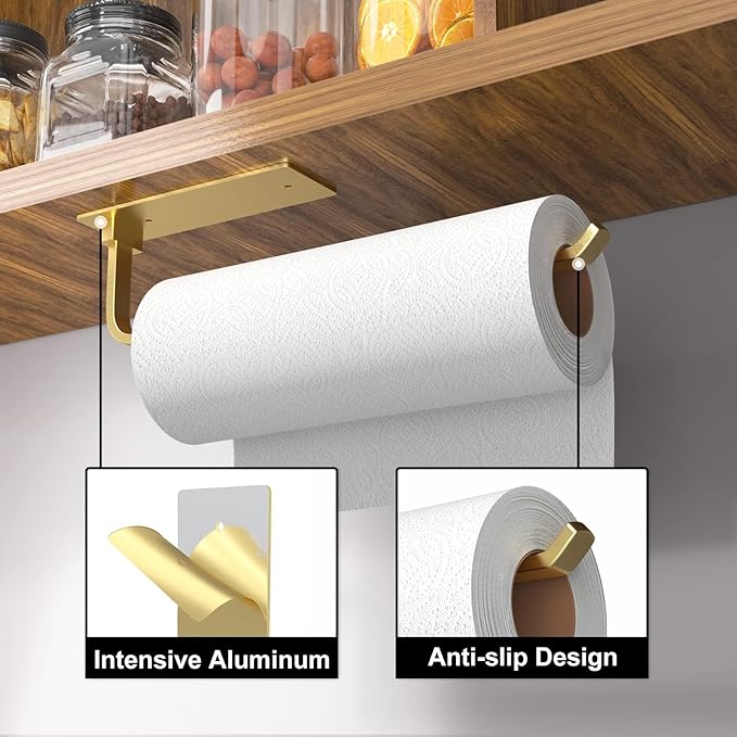 Paper Towel Holder - Self-Adhesive or Drilling, Gold, Upgraded Aluminum Kitchen Roll Dispenser Under Cabinet, Lighter but Stronger Than Stainless Steel! - Image 2