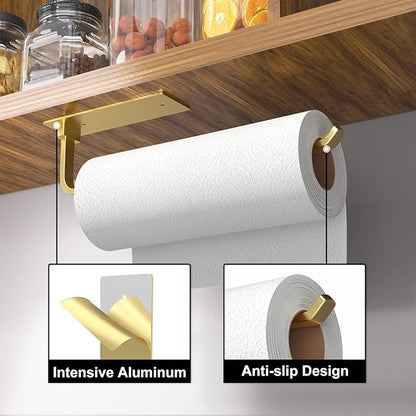 Paper Towel Holder - Self-Adhesive or Drilling, Gold, Upgraded Aluminum Kitchen Roll Dispenser Under Cabinet, Lighter but Stronger Than Stainless Steel! - Image 2