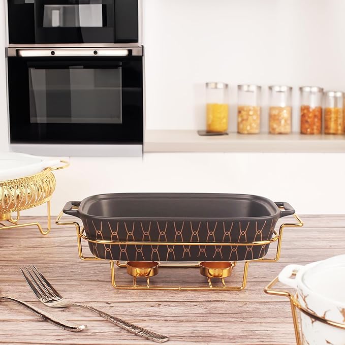 9" x 6" Ceramic Rectangular Casserole Dish with Glass Lid and rack, 30 oz Serving Soup Tureen,Chafing Dish for Buffet, Family Food preserve Tray, Catering for Party Style,Black
