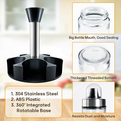 Mlici Oil and Vinegar Dispenser Set of 6 Bottles, Stainless Steel Salt Pepper Holder with 360° Rotating Holder, Cruet Soy Sauce - Premium Glass Condiment for Kitchen, Tabletop, Kitchen Containers