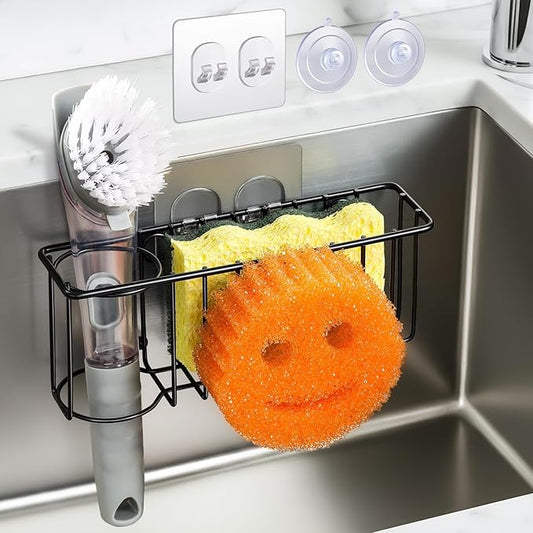 3-IN-1 Multiuse Sponge Holder for Kitchen Sink, Sponge Caddy for Scrub Daddy/Scrub Mommy Smiley Face, Sink Organizer Accessories for Dish Brush, Scrubber - with 2 Suction Cups & 1 Adhesive Hook by MakeLifeBetterEasier