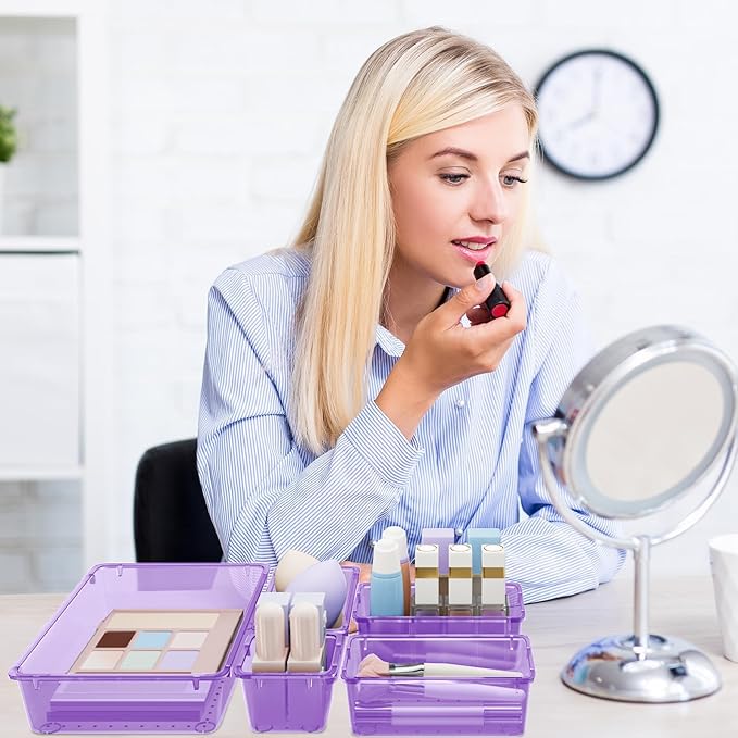 SpaceHacks 15 PCS Clear Plastic Drawer Organizer Set, 4-Size Acrylic Drawer Storage Trays, Storage Bins for Makeup, Gadgets, and Jewelry in Bathroom, Bedroom and Office, Clear Purple - Image 6