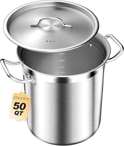STOCKPOT 50 Quart Stainless Steel Stock Pot with Lid – Heavy Duty Cooking Pot for Soup, Commercial Soup Pots, 3-Ply Induction Bottom, Oven Safe