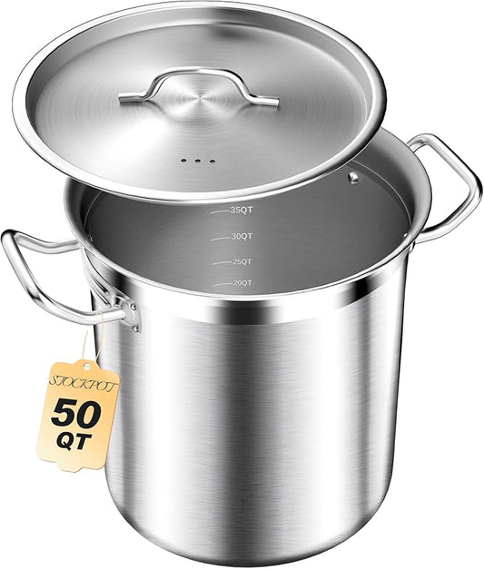 STOCKPOT 50 Quart Stainless Steel Stock Pot with Lid – Heavy Duty Cooking Pot for Soup, Commercial Soup Pots, 3-Ply Induction Bottom, Oven Safe