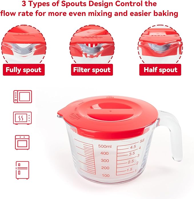 6 Pcs Glass Measuring Cups Set with Lids (Strainer Included) - 1-Cup/2-Cup/4-Cup Nesting Jugs with Easy-Grip Handles, Kitchen Liquid Measuring - Image 3