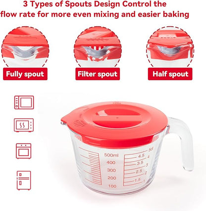 6 Pcs Glass Measuring Cups Set with Lids (Strainer Included) - 1-Cup/2-Cup/4-Cup Nesting Jugs with Easy-Grip Handles, Kitchen Liquid Measuring - Image 3
