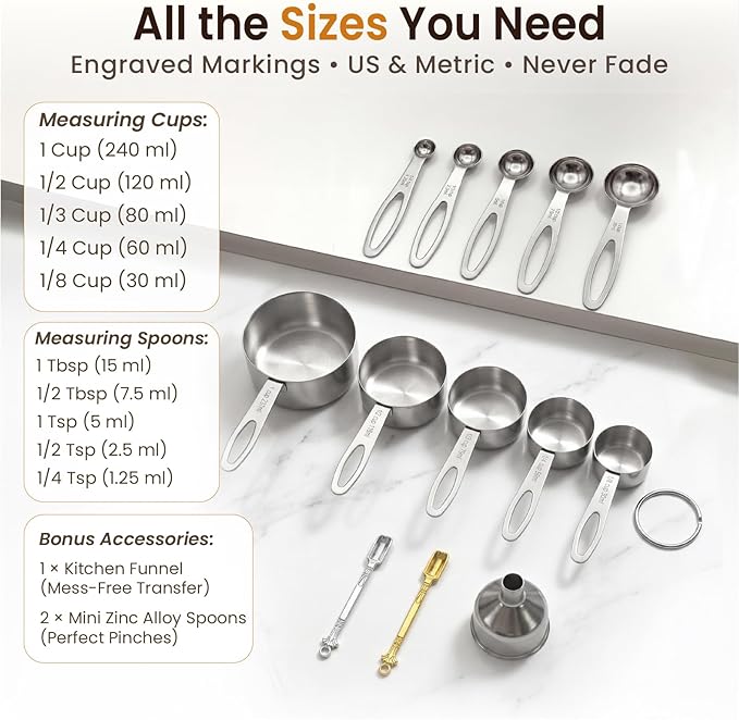 13PCS Stainless Steel Measuring Cups and Spoons Set with Funnel, Stackable Metal Measuring Cup and Spoon Set for Baking Cooking, Dishwasher Safe Kitchen Tools with for Dry & Liquid Ingredients - Image 7