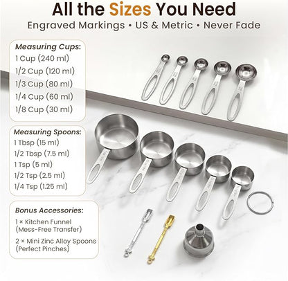 13PCS Stainless Steel Measuring Cups and Spoons Set with Funnel, Stackable Metal Measuring Cup and Spoon Set for Baking Cooking, Dishwasher Safe Kitchen Tools with for Dry & Liquid Ingredients - Image 7