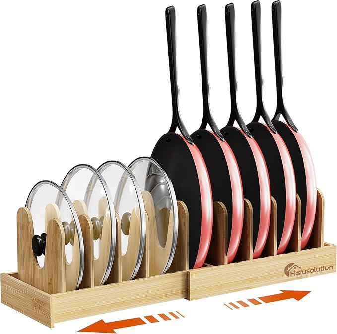 Housolution Bamboo Pot and Pan Organizer for Cabinet, 15"-29" Expandable Pot Lid Organizer with 10 Adjustable Dividers, Pan Holder Storage Rack with Solid Bamboo Wooden Base by Housolution