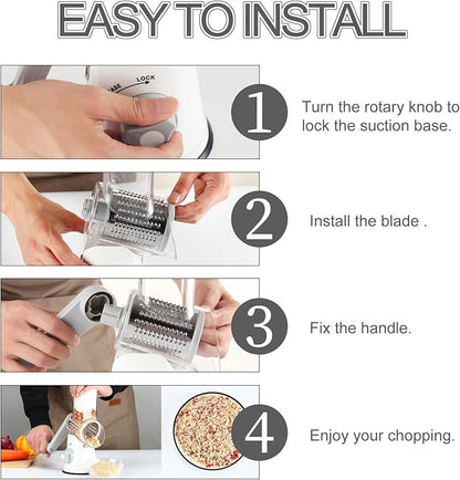 Ourokhome Rotary Cheese Grater Hand Crank, Kitchen Shredder Speed Mandolin Slicer Nuts Grinder with Handle and Drum Blades for Cheese, Vegetable, Walnuts, Chocolate, Potato, Carrot, 3 Blades, White - Image 5