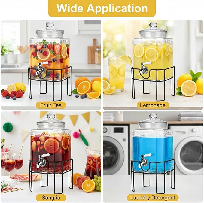 Drink Dispenser, Drink Dispensers for Parties, 1 Gallon Glass Beverage Dispenser with Stand and Glass Lid, 100% Leakproof Spigot, Ideal for Lemonade, Juice, Iced Tea, Laundry Detergent - Image 2