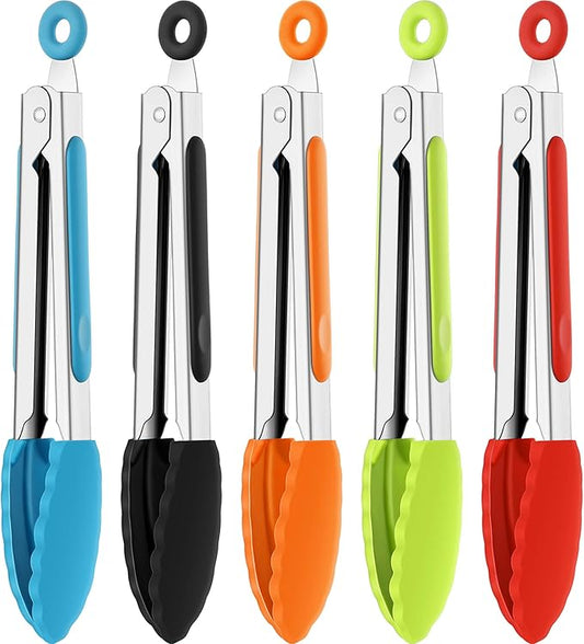 Mudder 5 Pack Mini Kitchen Tongs 7 Inch Silicone Tongs for Cooking Serving BBQ, Small Stainless Steel Food Tong with Silicone Tips for Salad, Bread, Buffet, Party & Kitchen Use(Multi)