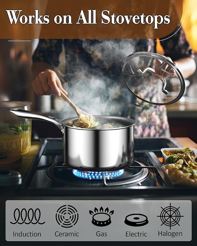 Cook N Home Stainless Steel Sauce Pan with Lid, 1.5 Quart Tri-Ply Full Clad Small Kitchen Pot, Dishwasher & Oven Safe, Induction Compatible Cookware - Image 3