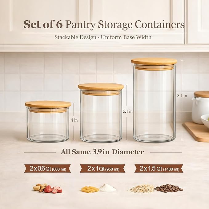 ComSaf Glass Storage Containers with Lids (0.6qt/1qt/1.5qt) Set of 6,Glass Pantry Storage Containers with Airtight Lid & lables for Dry Food, Snacks, Nuts, Stackable for Kitchen, Pantry Organization - Image 6