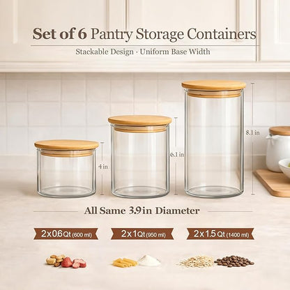 ComSaf Glass Storage Containers with Lids (0.6qt/1qt/1.5qt) Set of 6,Glass Pantry Storage Containers with Airtight Lid & lables for Dry Food, Snacks, Nuts, Stackable for Kitchen, Pantry Organization - Image 6