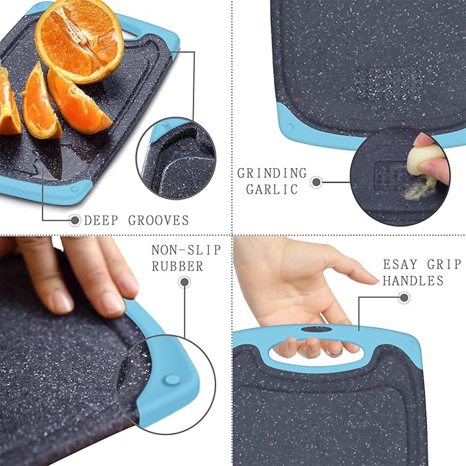 Plastic Cutting Board, 3 Pieces Dishwasher Safe Cutting Boards with Juice Grooves, Easy Grip Handle, Non-Slip, with Grinding Area for Grinding Garlic and Ginger（aqua） - Image 4