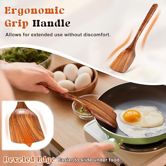 2Pcs Wooden Spatula, Acacia Solid & Slotted Turner Spatula Set, Long Handle Flat Frying Spatulas, Ideal Kitchen Gift for Mother and Grandma, Kitchen Utensils Set for Cooking, Frying, Baking - Image 2