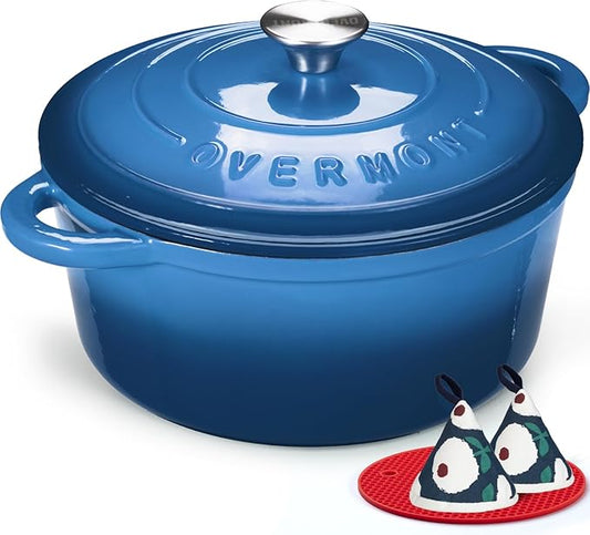 Overmont Enameled Cast Iron Dutch Oven - 4.5QT Pot with Lid Cookbook & Cotton Potholders - Heavy-Duty Cookware for Braising, Stews, Roasting, Sourdough Baking blue by Overmont